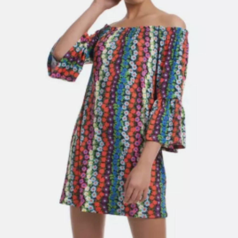 Trina Turk Boho Mini Dress Off On Shoulders 3/4 Bell Sleeves Sz Small